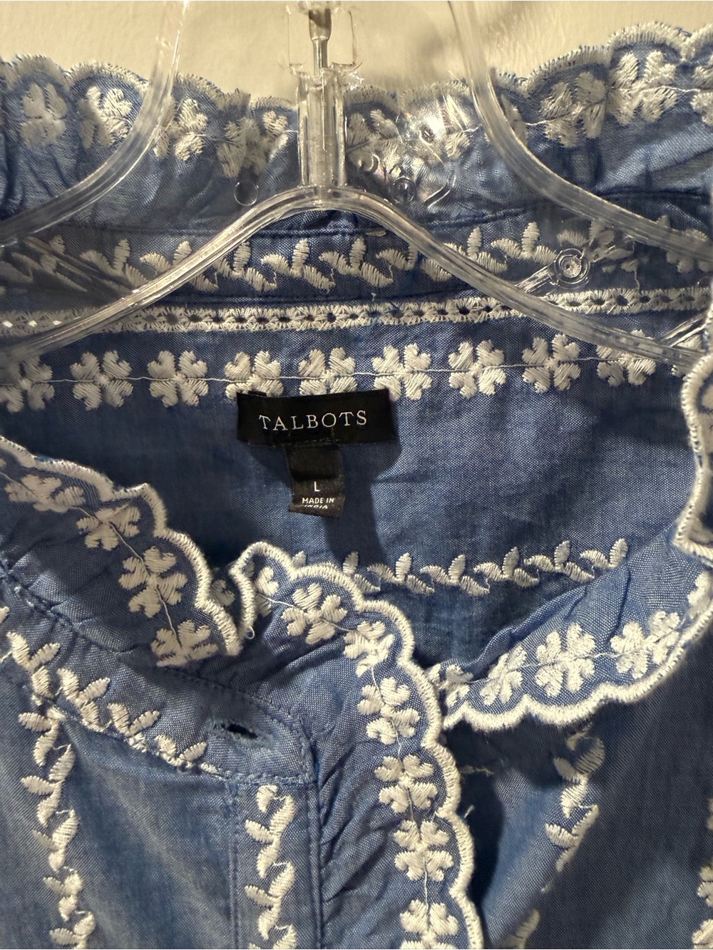 Talbots Blue Floral-Embroidered Ruffle Button-Down Shirt - Picture 2 of 2